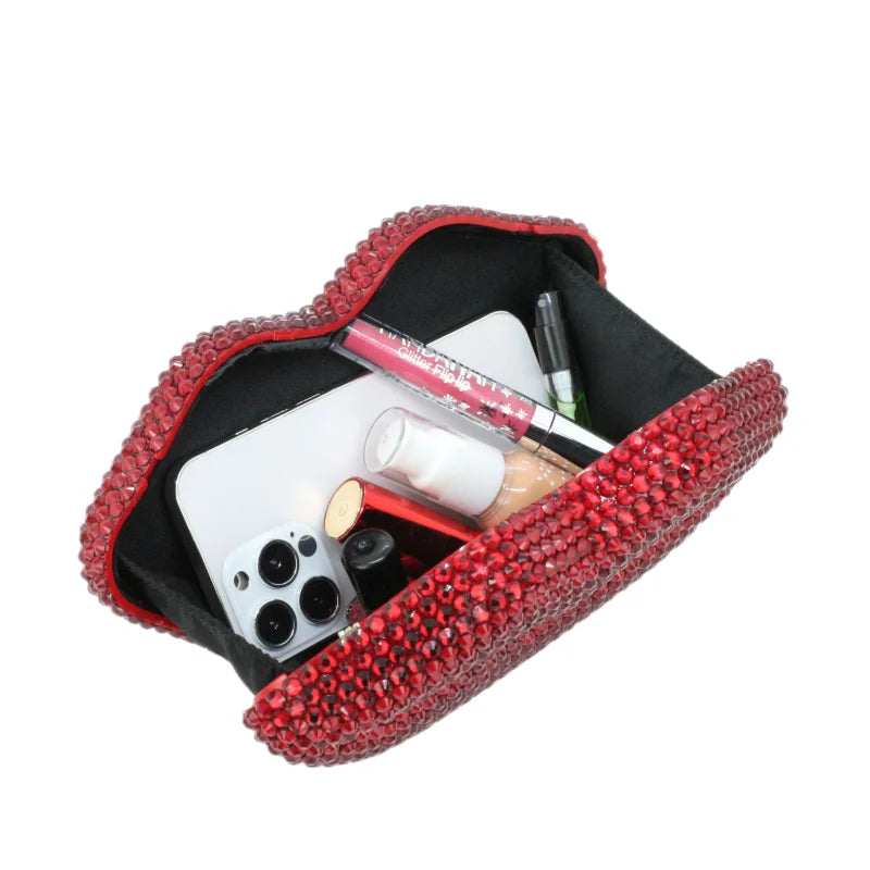 Luxury Red Lip Crystal Clutch Purse for Women Diamond Embellished Evening Bag Cute Shoulder Handbag New Design