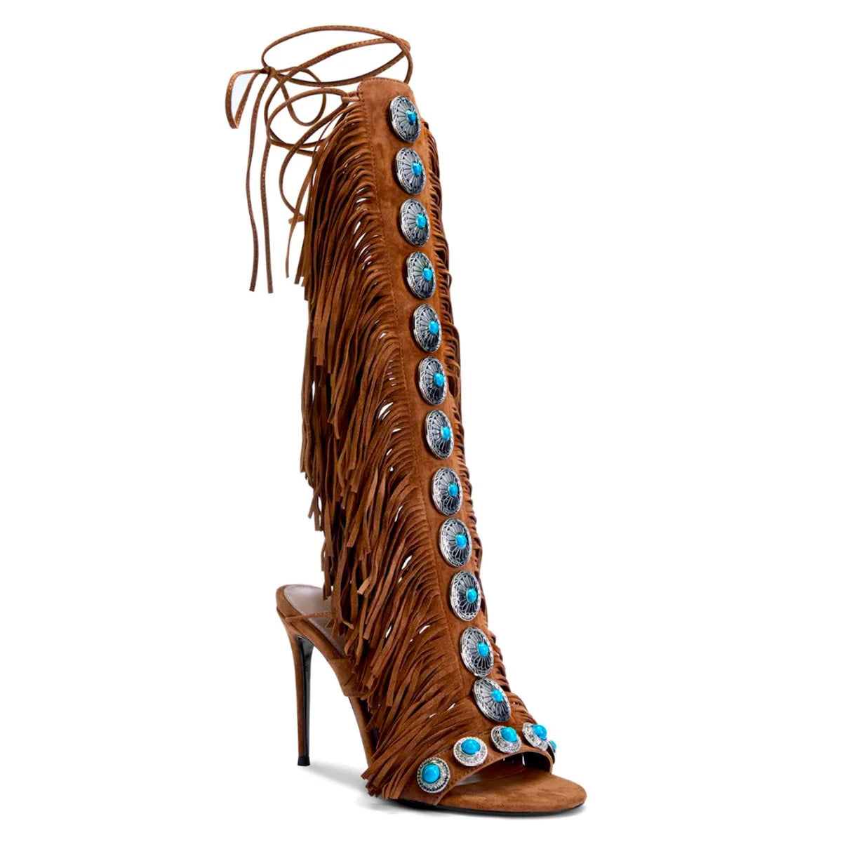 Hot - Sale Western Style Brown Fringed Knee - High Boots, Women's Rivet Open - Toe Kitten Heel Fashion Boots