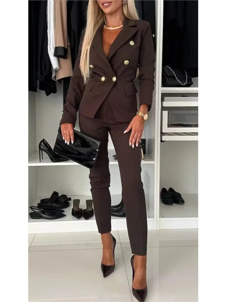 Fashion Double-breasted Long-sleeved Suit Set Women New Autumn Winter Slim Fitting Small Leg Long Pants Female Office 2piece Set