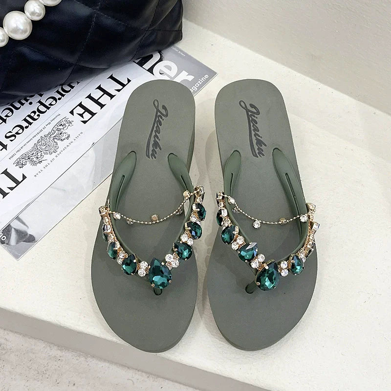 Flip Flops Women New High Heeled Slippers Women Diamond Slope Heel Slippers Elegant Fashion Beach Sandals Womens Sexy Shoes