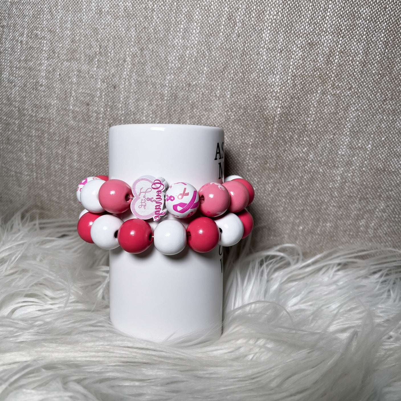 Survivor pink ribbon and white bead awareness bracelet set - side view
