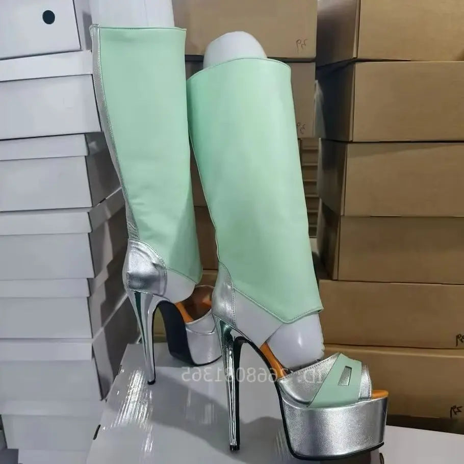Women Mint Green Silver Peep Toe Knee High Boots 2026 New Fashion Platform Stiletto Heel Open Toe Party Clubwear Stage Shoes