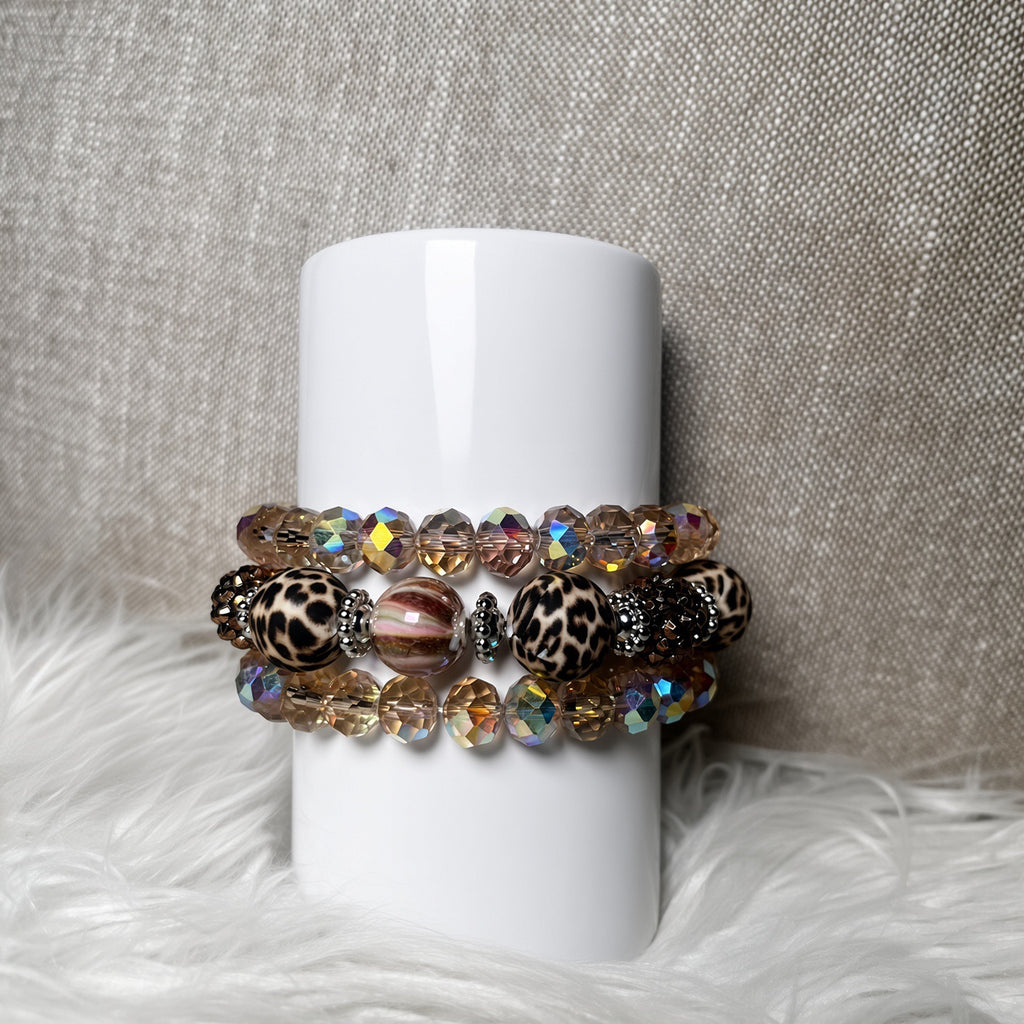 Leopard print chunky bead and champagne AB crystal bracelet set - front view