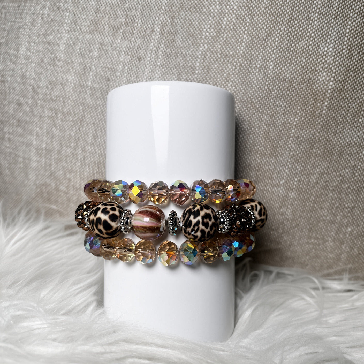 Leopard print chunky bead and champagne AB crystal bracelet set - side view
