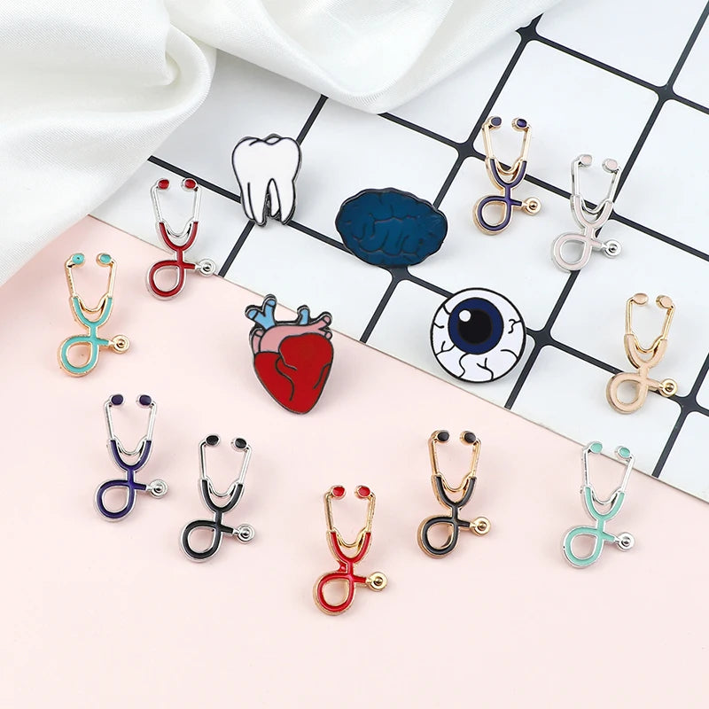 Organ Medical Stethoscope Brooches Pins Heart Tooth Brain Eye Badges For Doctor Nurse Dentist Jewelry Enamel Jackets Collar Pin