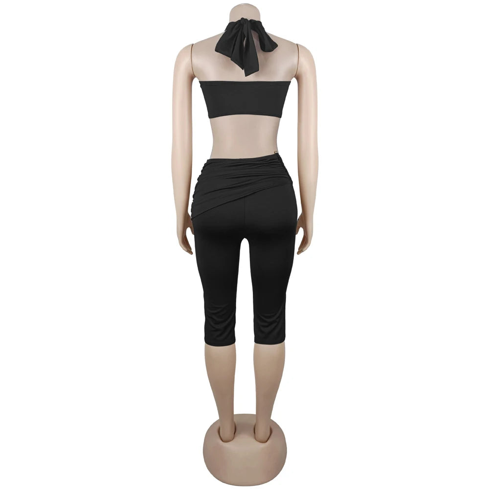 Sexy Capri Legging Set Womens 2 Piece Outfits Cross Neck Crop Top and Mid-Length Pants Suit for Woman Party Night Club Wear