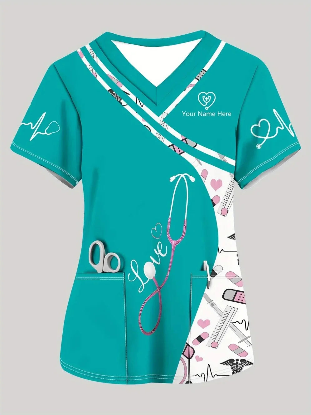 Clinical Uniform Woman Stethoscope Print V-Neck Short Sleeve Nurse Uniform Tops Fashion with Pocket Dentist Nurse Uniform Woman