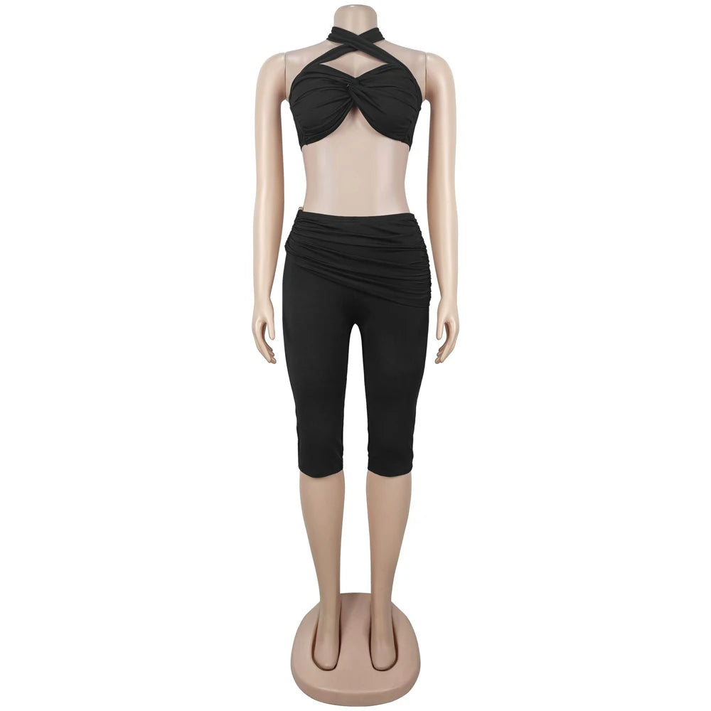 Sexy Capri Legging Set Womens 2 Piece Outfits Cross Neck Crop Top and Mid-Length Pants Suit for Woman Party Night Club Wear