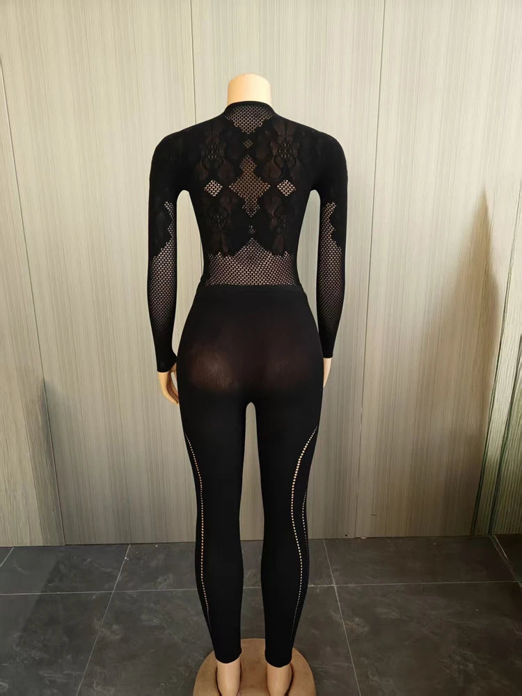 2025 Autumn Winter Hot Sale Women 2 Piece Set Hollow Out Mesh Long Sleeve Top Leggings Sets Female Streetwear Sexy Club Outfits