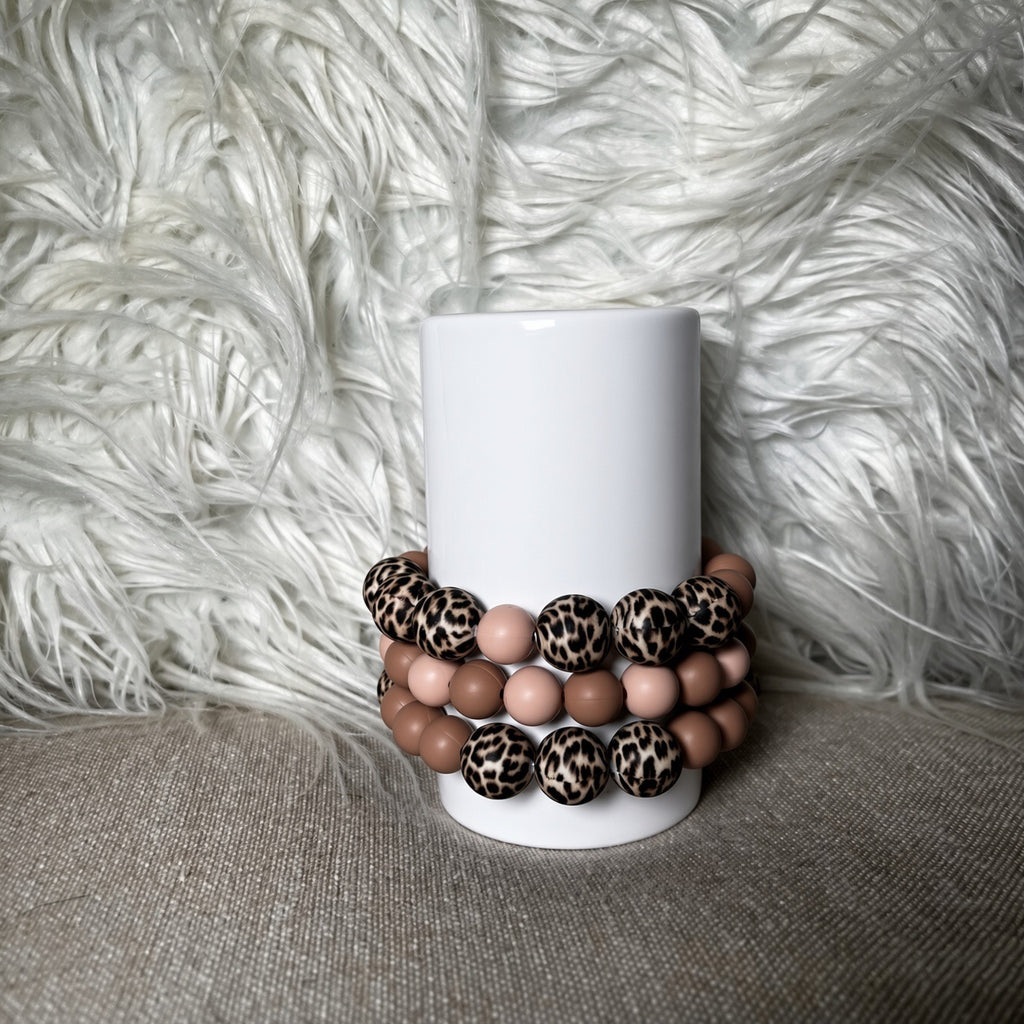 Leopard print and nude bead bracelet set - front view