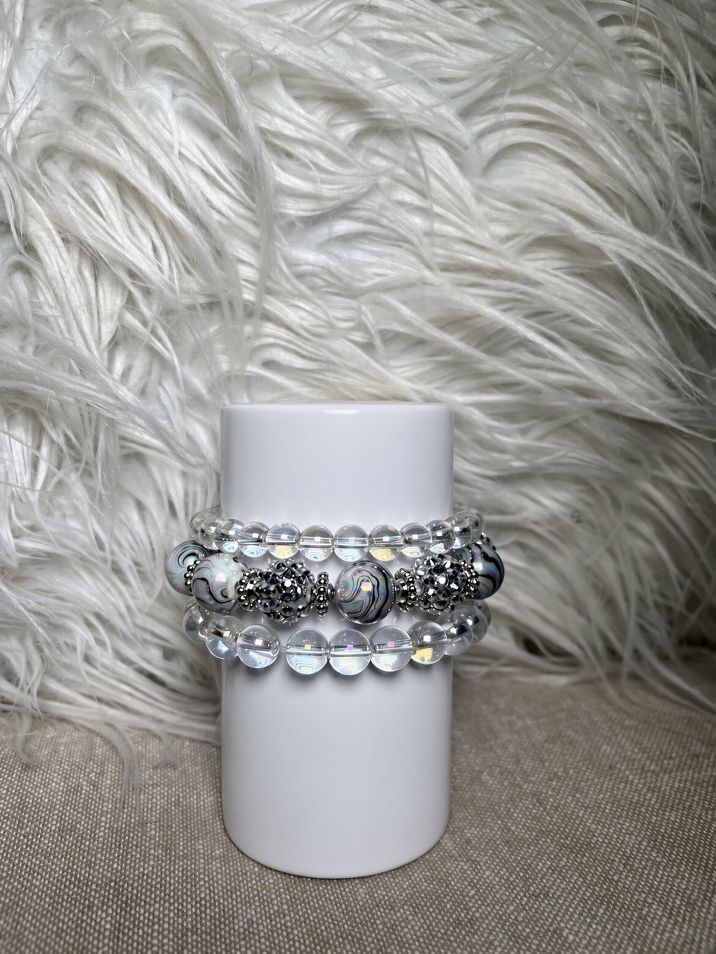 Clear crystal and silver marbled bead bracelet set - side view