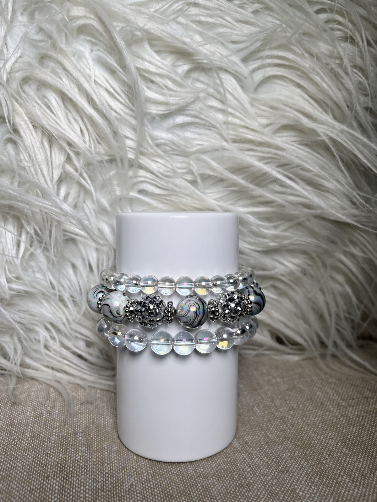 Clear crystal and silver marbled bead bracelet set - side view