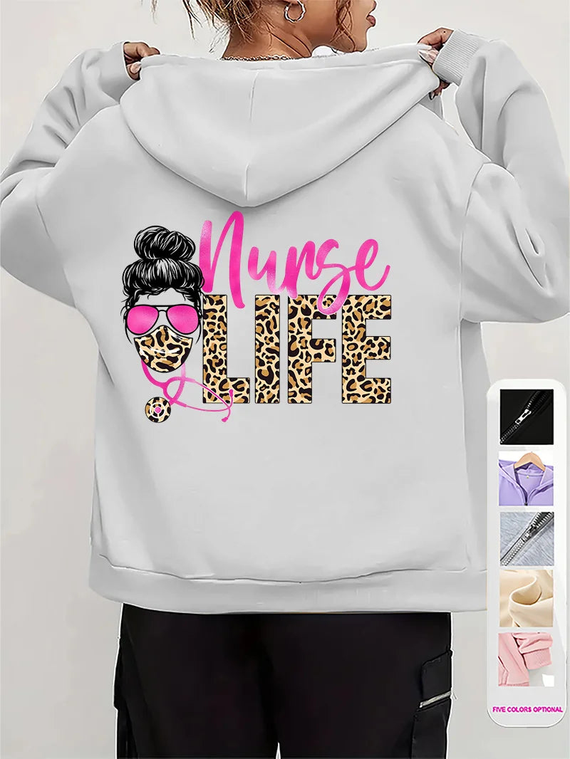 Women Leopard Nurse Life Print Hoodie Long Sleeve Casual Zipper Hoodie Nursing Fall Winter Jacket Coat Emergency Nurse Hoodies