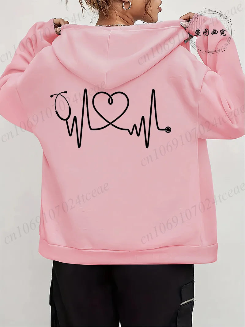 Women Leopard Nurse Life Print Hoodie Long Sleeve Casual Zipper Hoodie Nursing Fall Winter Jacket Coat Emergency Nurse Hoodies