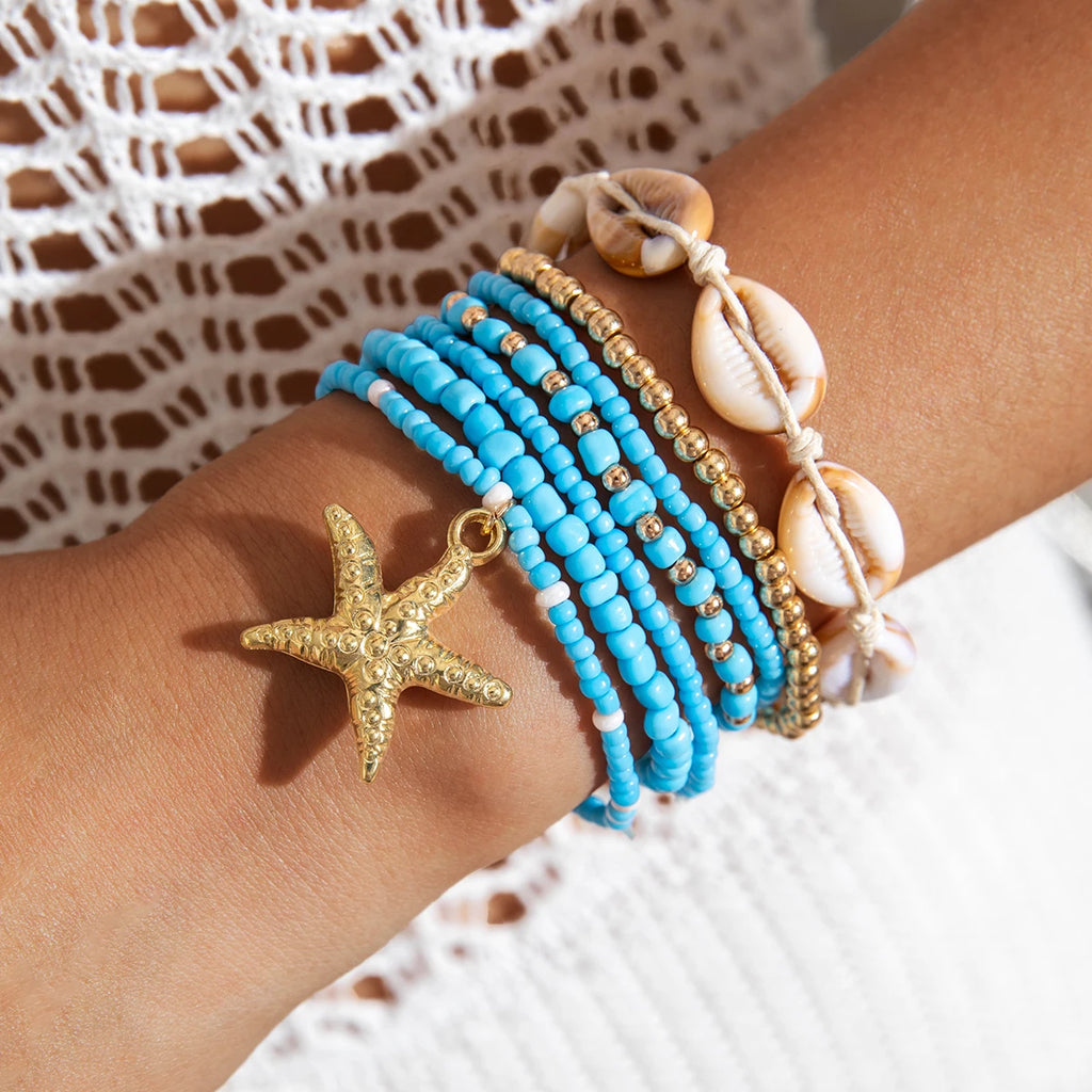 Tocona Bohemian Resort Style Shell Beaded Weaving Bracelet Beach Style Starfish Rice Beads Seven Piece Set for Women 25134