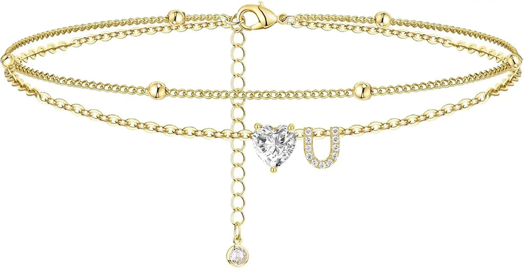 Ankle Bracelets for Women Waterproof 14K Gold Plated CZ Initial Dainty Layered Heart Anklets Foot Chain Summer Beach Jewelry