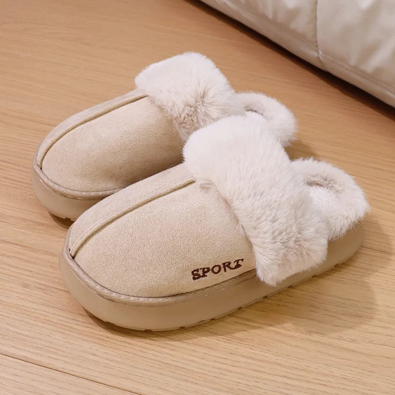 Winter Warm Sports Fluffy Slippers Women Thick Sole Non Slip Plush House Shoes Woman Fashion Faux Fur Platform Indoor Slippers