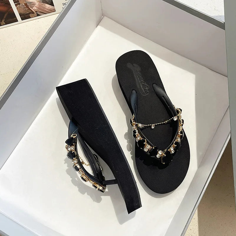 Flip Flops Women New High Heeled Slippers Women Diamond Slope Heel Slippers Elegant Fashion Beach Sandals Womens Sexy Shoes