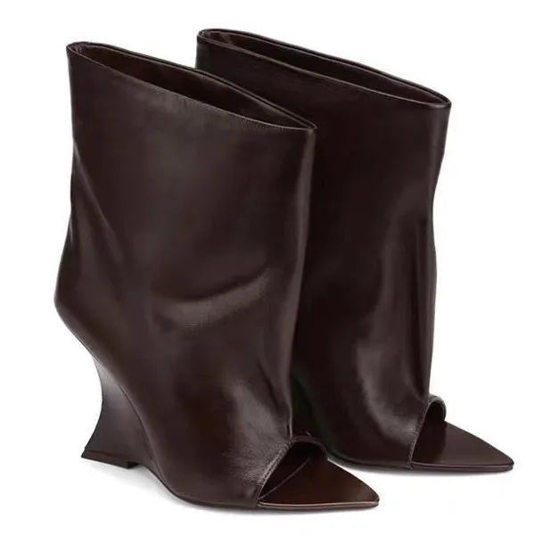 2005SoleLadies' Spring/Summer New Fish Mouth Slope High Heel Short Boots with Pointed Toe Exposed Cool Boots, Mid Top Boots