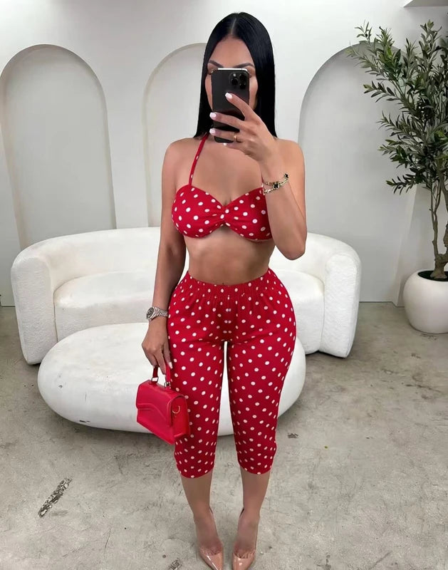 Fashion Print Woman 2 Piece Set Outfits Spaghetti Strap Sleeveless Backless Crop Top+Capris Pants 2026 New Female Streetwear