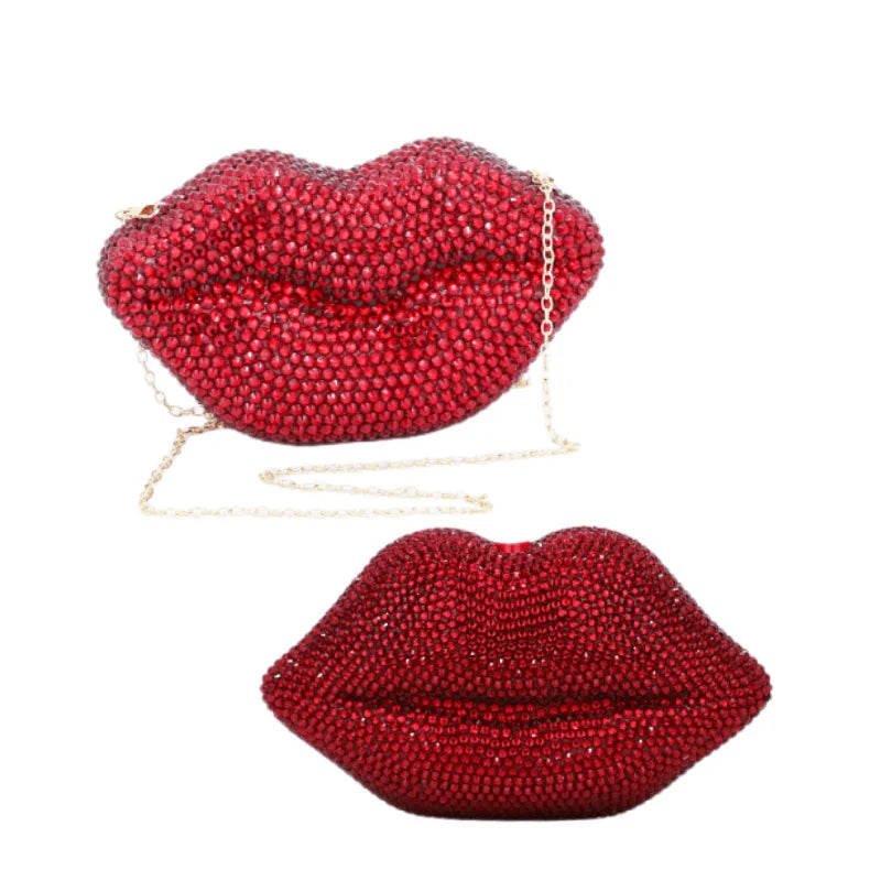 Luxury Red Lip Crystal Clutch Purse for Women Diamond Embellished Evening Bag Cute Shoulder Handbag New Design
