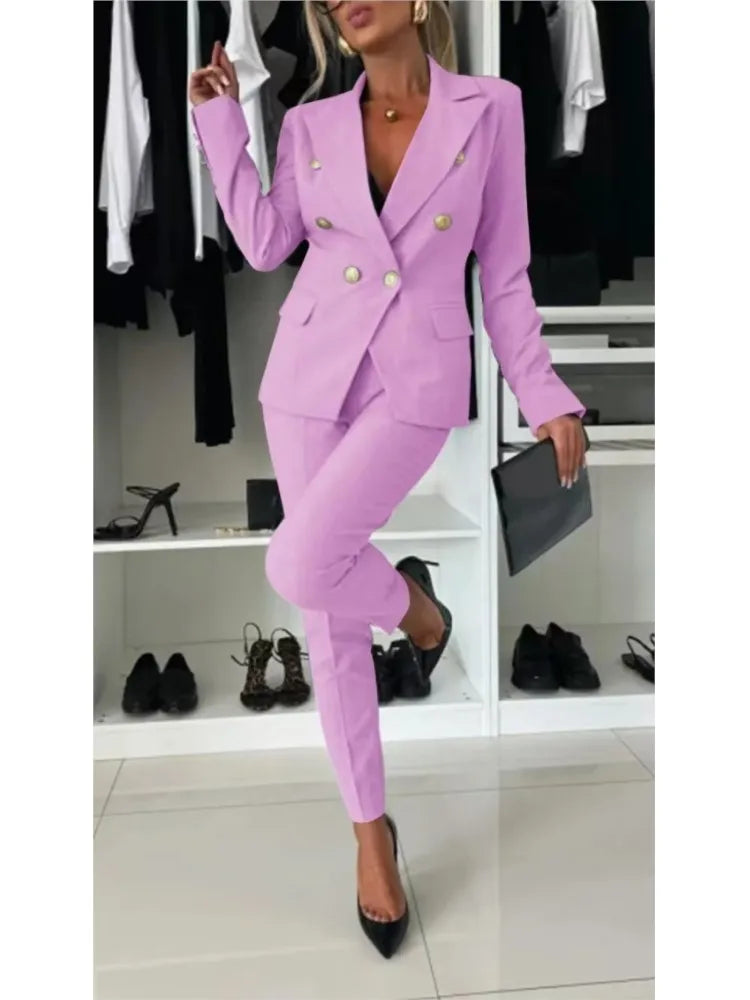 Fashion Double-breasted Long-sleeved Suit Set Women New Autumn Winter Slim Fitting Small Leg Long Pants Female Office 2piece Set