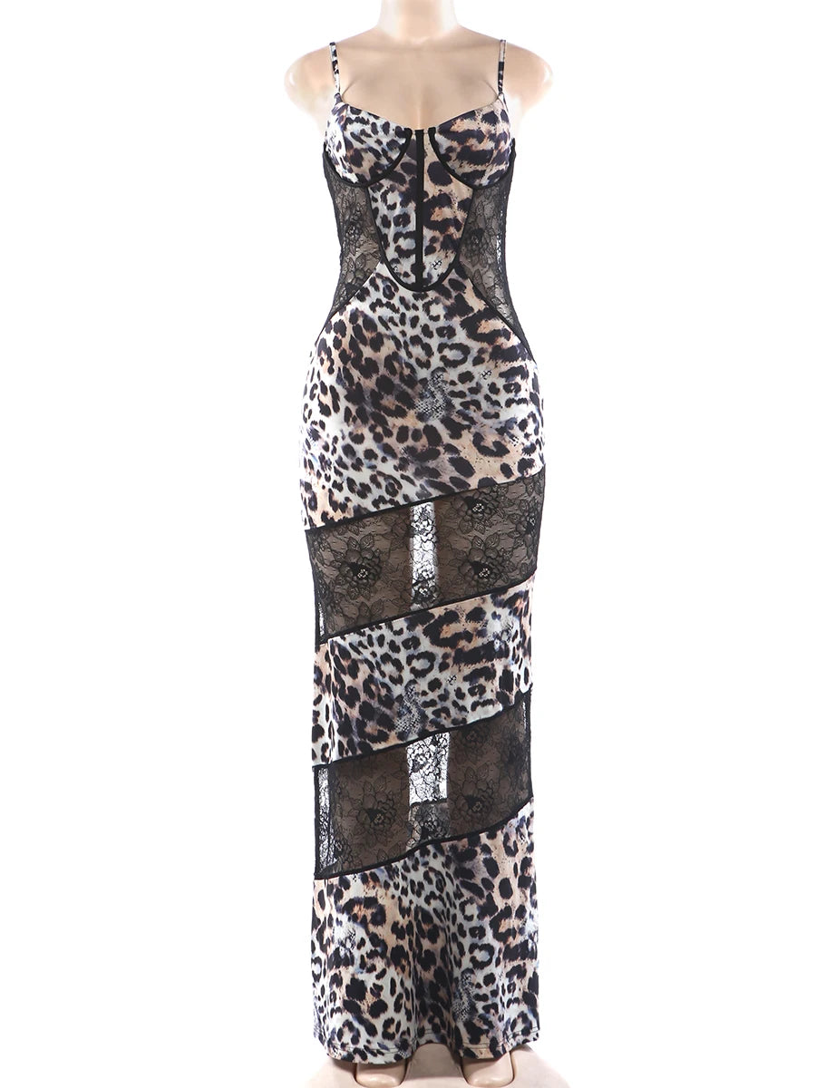 Nibber Mesh Patchwork Sling Dress Woman Leopard Print Low-Neck Sleeveless Backless Robe Midnight Club Party Fashion Vestidos