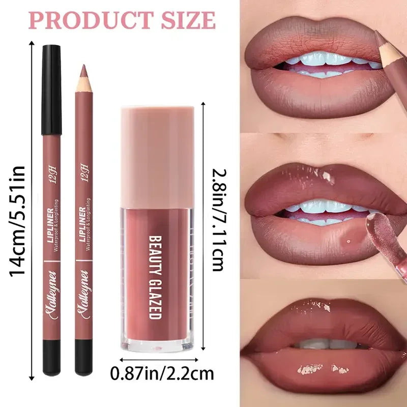 Waterproof 2Pcs Long-Lasting Matte Lip Makeup Set - Lip Liner & Glaze Combo with Pencil Texture, Red, Brown, Pink, Nude Tones