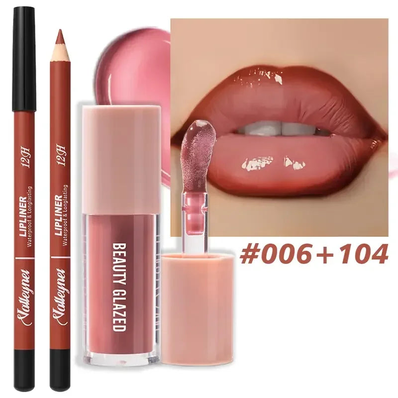 Waterproof 2Pcs Long-Lasting Matte Lip Makeup Set - Lip Liner & Glaze Combo with Pencil Texture, Red, Brown, Pink, Nude Tones
