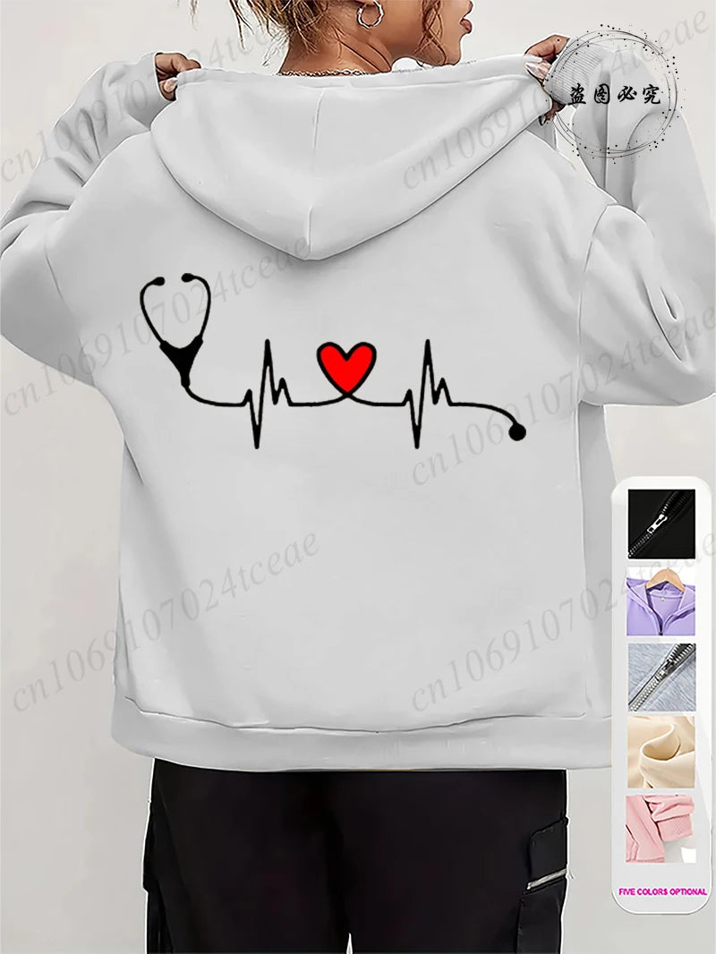 Zip Up Hoodies for Women Oversized Nurse Life Printed Hoodies Women Men Zipper Sweatshirts Autumn Winter Fleece Zip Jacket Coat