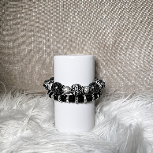 Black crackle agate and jet black glitter pave bracelet set - side view