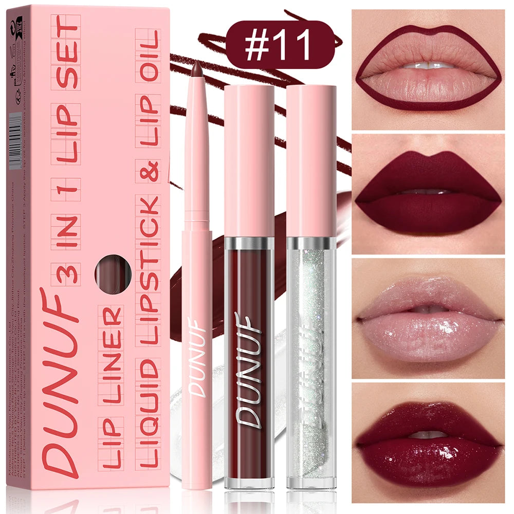 Matte Lip Liner Lip Gloss Lip Oil Set, 3-in-1 Waterproof Non-sticky Long-Lasting Lipstick, Nude Deep Red Mauve, Christmas Makeup
