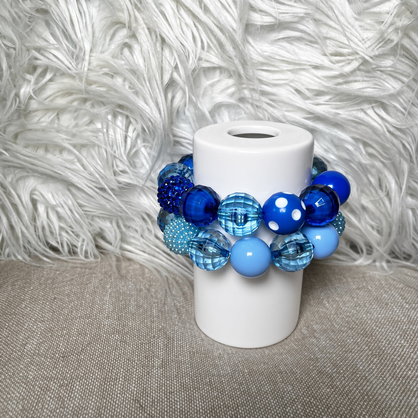 Blue chunky bead bracelet set - side view