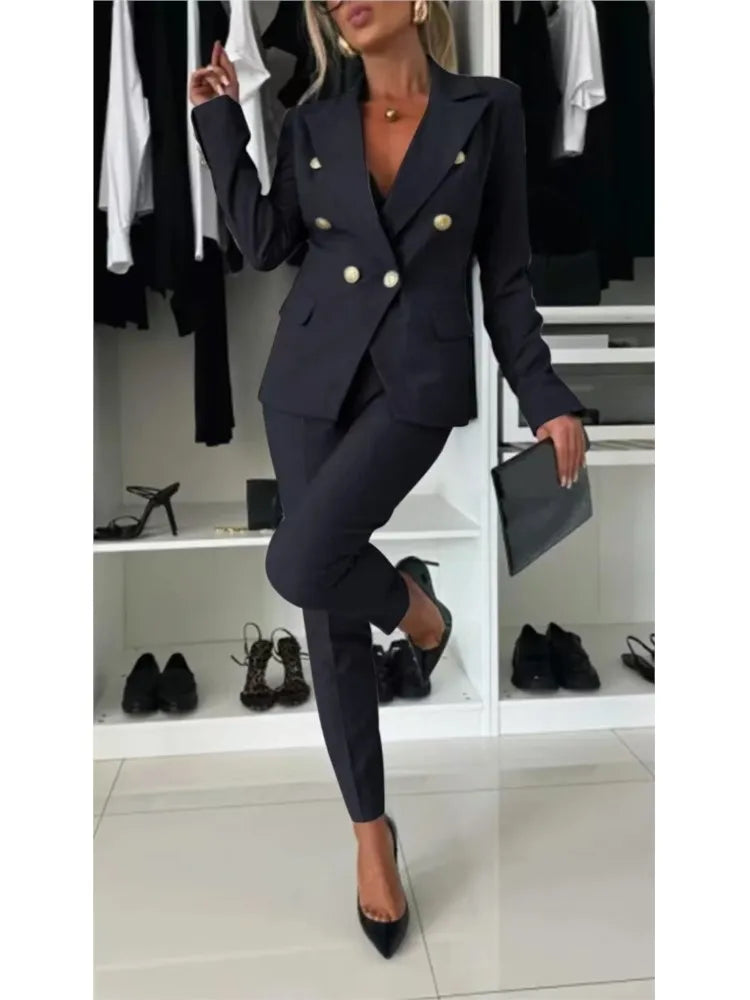 Fashion Double-breasted Long-sleeved Suit Set Women New Autumn Winter Slim Fitting Small Leg Long Pants Female Office 2piece Set