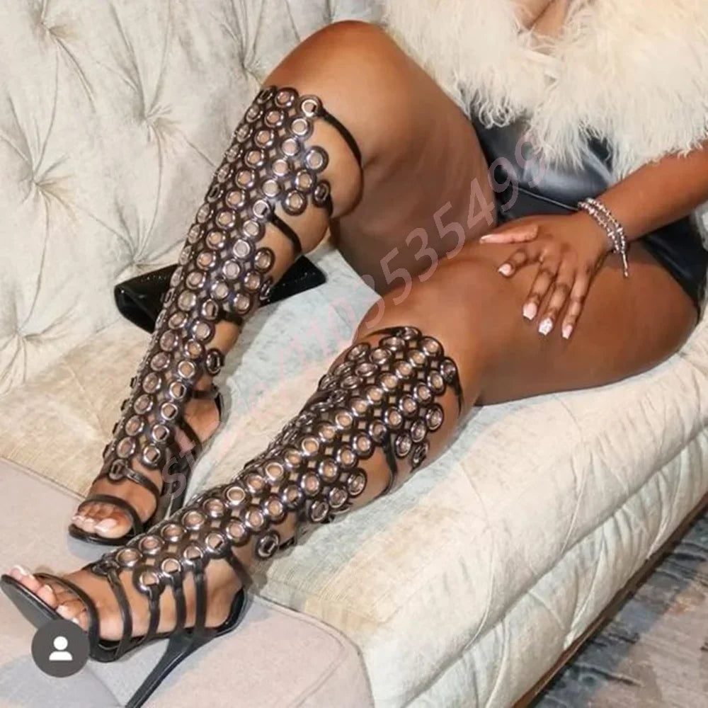 Sexy Metal Hollow Roman Sandals 2025 Summer New Women's Open Toe Stiletto Banquet Catwalk Boots Street Fashion Stiletto Sandals
