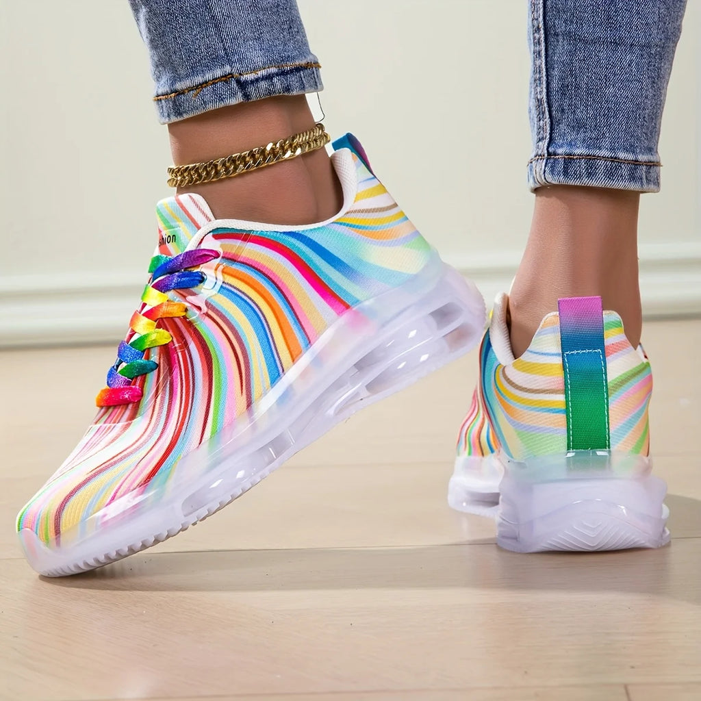 Women's Rainbow Stripe Casual Sports Shoes Summer Mesh Fashion Flat Beach and Leisure Holiday Lace-up Running Shoes for Ladies