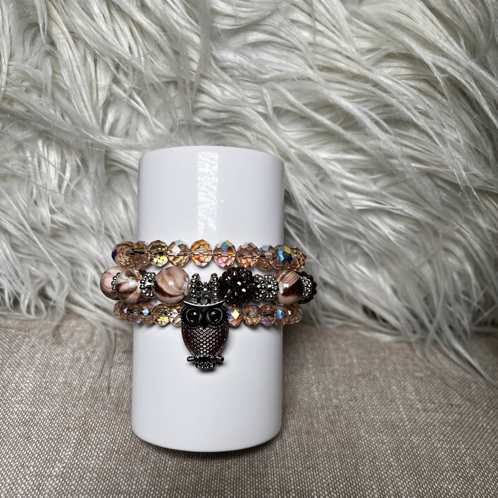 Champagne crystal owl charm bracelet set - side view