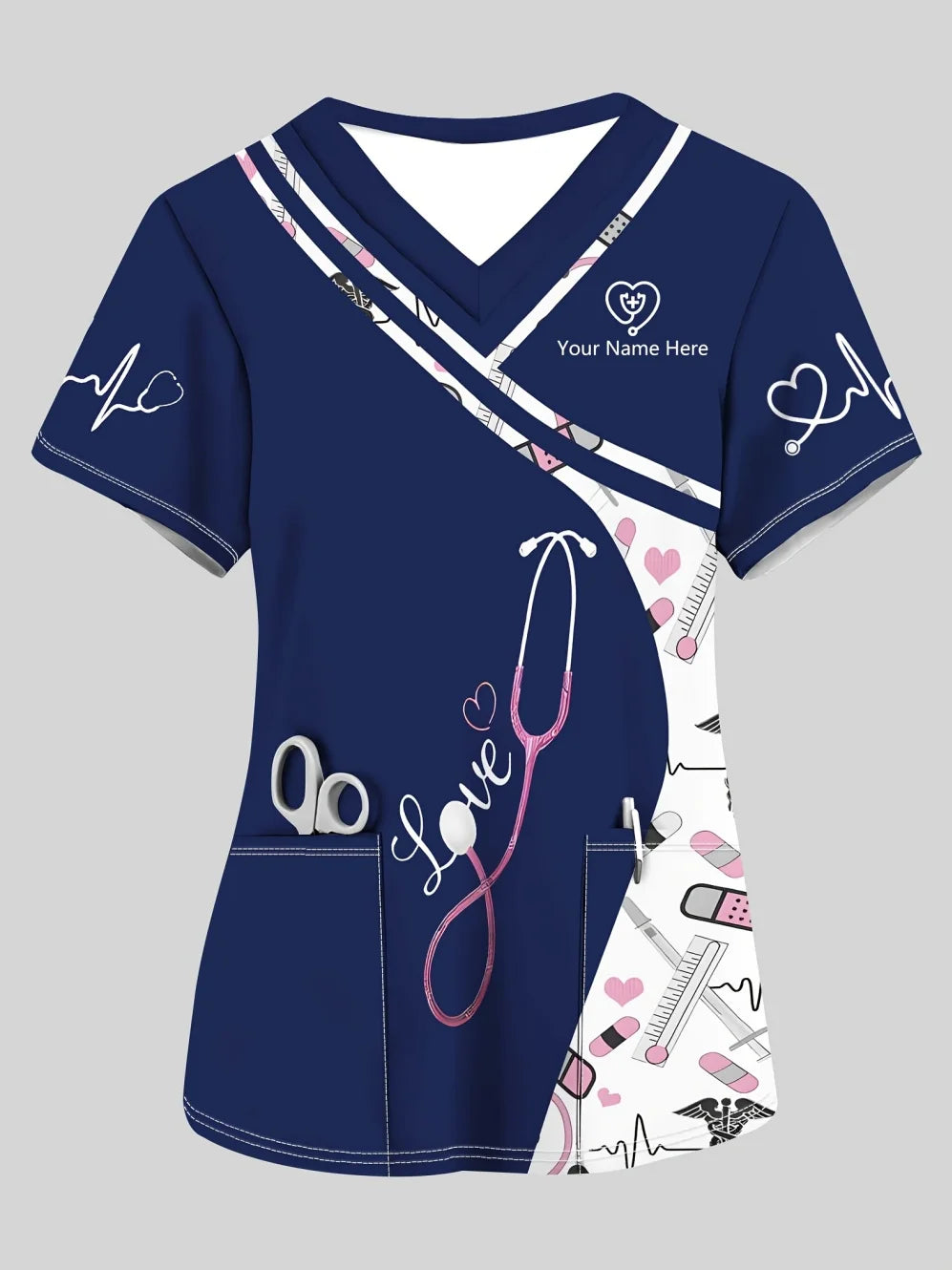Clinical Uniform Woman Stethoscope Print V-Neck Short Sleeve Nurse Uniform Tops Fashion with Pocket Dentist Nurse Uniform Woman
