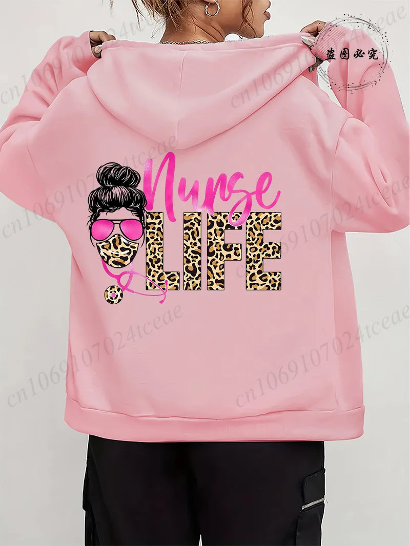Women Leopard Nurse Life Print Hoodie Long Sleeve Casual Zipper Hoodie Nursing Fall Winter Jacket Coat Emergency Nurse Hoodies