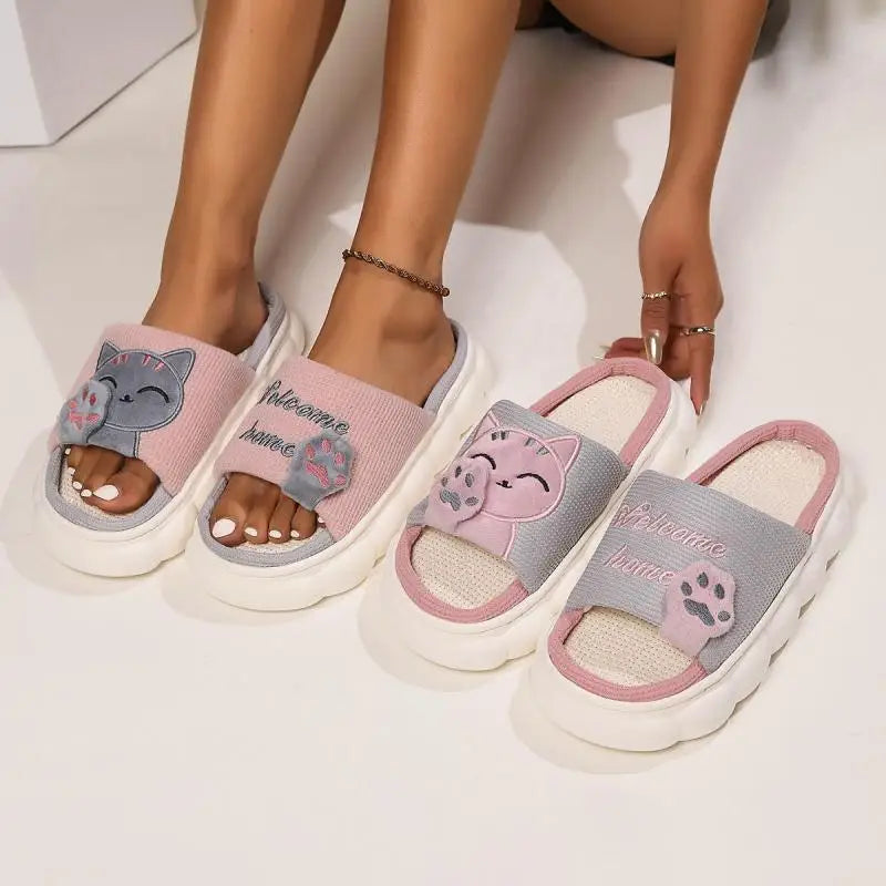 Linen Casual Slippers Women House Platform Cute Cartoon Cat Designer Shoes Girls Flat Fashion Elegant Footwear Indoor Large Size