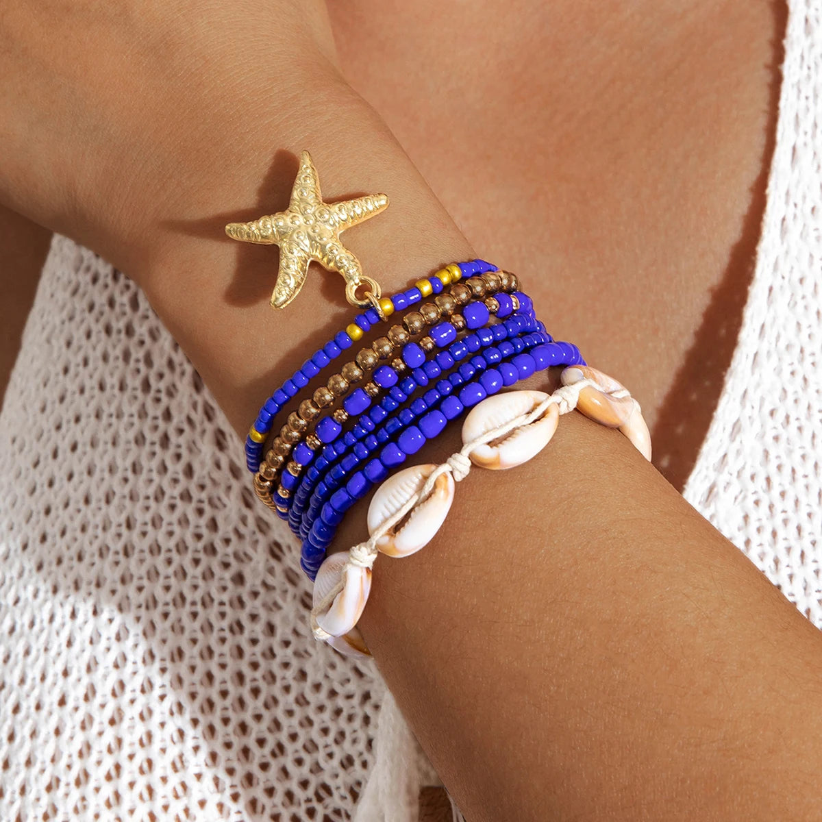 Tocona Bohemian Resort Style Shell Beaded Weaving Bracelet Beach Style Starfish Rice Beads Seven Piece Set for Women 25134