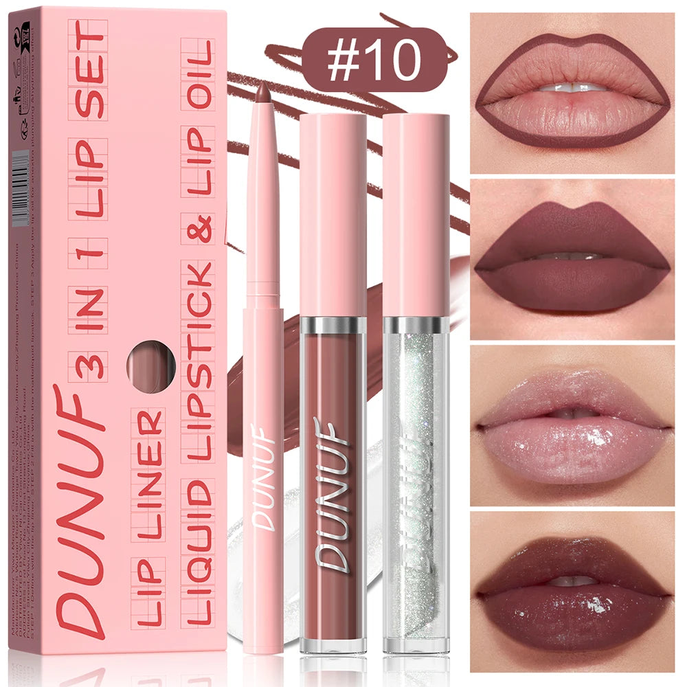Matte Lip Liner Lip Gloss Lip Oil Set, 3-in-1 Waterproof Non-sticky Long-Lasting Lipstick, Nude Deep Red Mauve, Christmas Makeup