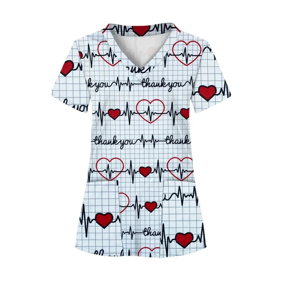 Clinical Uniform Woman Designer Cartoon Printing V-Neck Dental Scrubs Woman Summer Short Sleeves with Pockets Surgical Uniforms