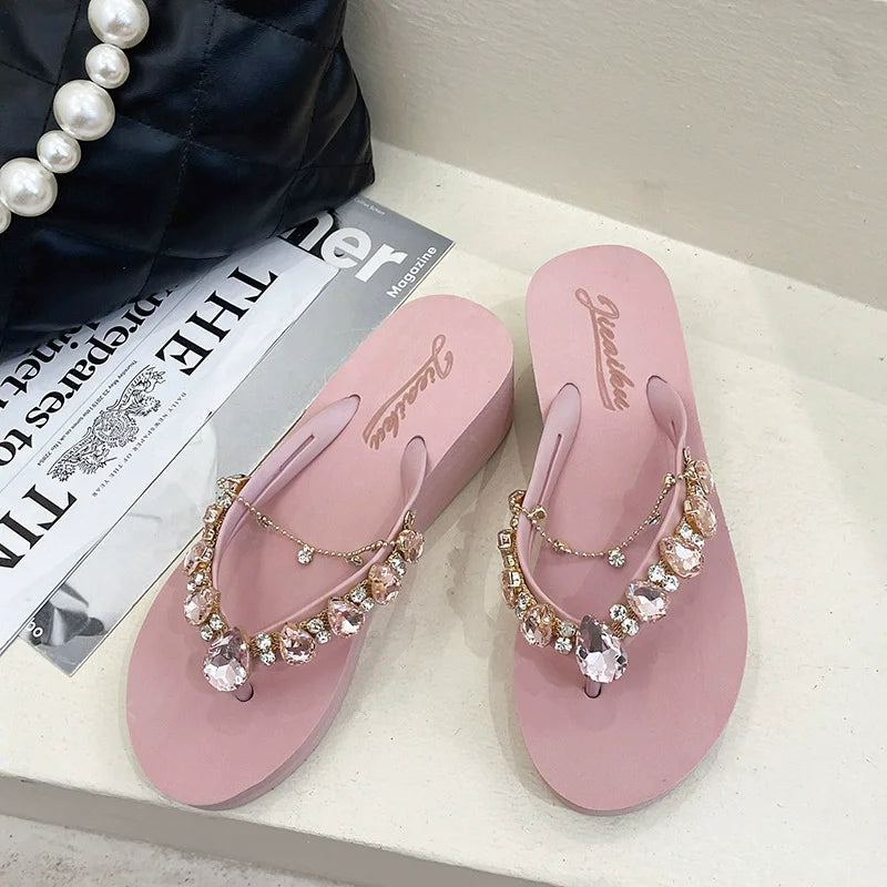 Flip Flops Women New High Heeled Slippers Women Diamond Slope Heel Slippers Elegant Fashion Beach Sandals Womens Sexy Shoes