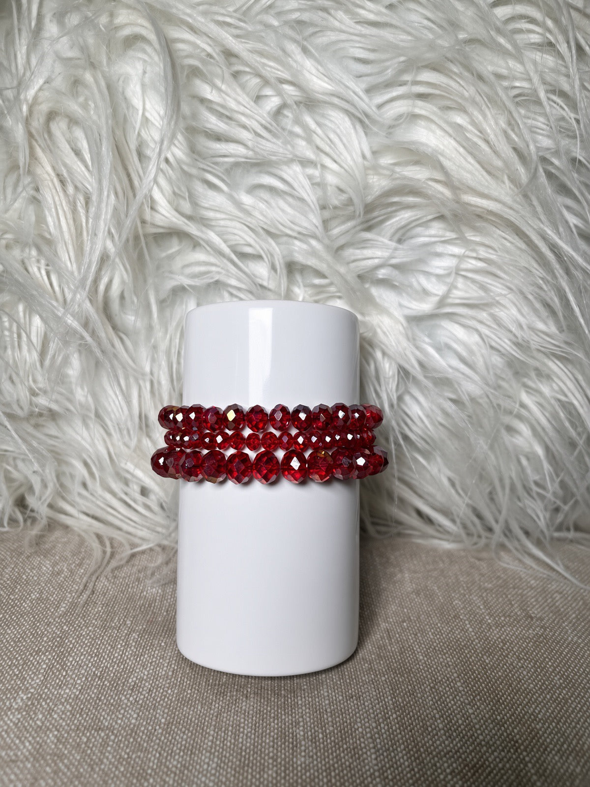 Deep red faceted crystal rondelle bracelet set - side view