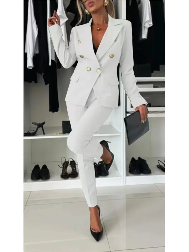 Fashion Double-breasted Long-sleeved Suit Set Women New Autumn Winter Slim Fitting Small Leg Long Pants Female Office 2piece Set