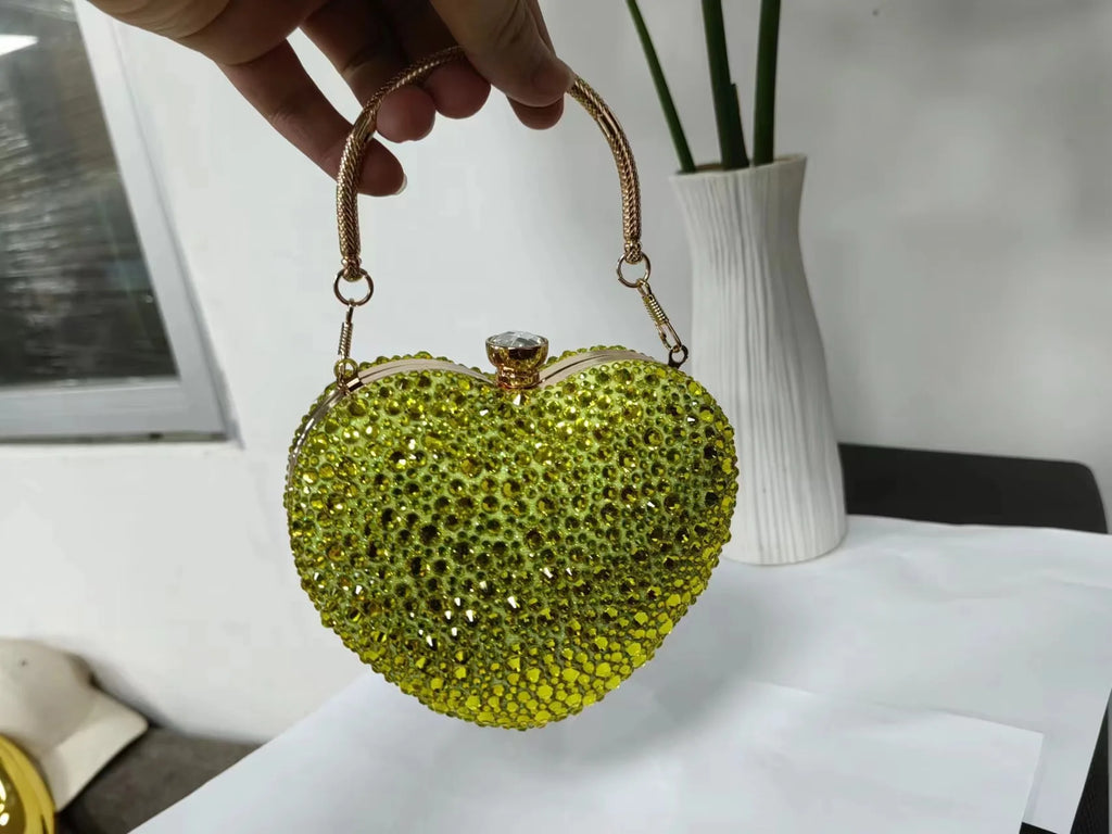 Designer Luxury Diamond Heart-shaped Bag Red Rhinestone Evening Clutch Purse Female Wedding Handbag Woman Chain Shoulder Bags