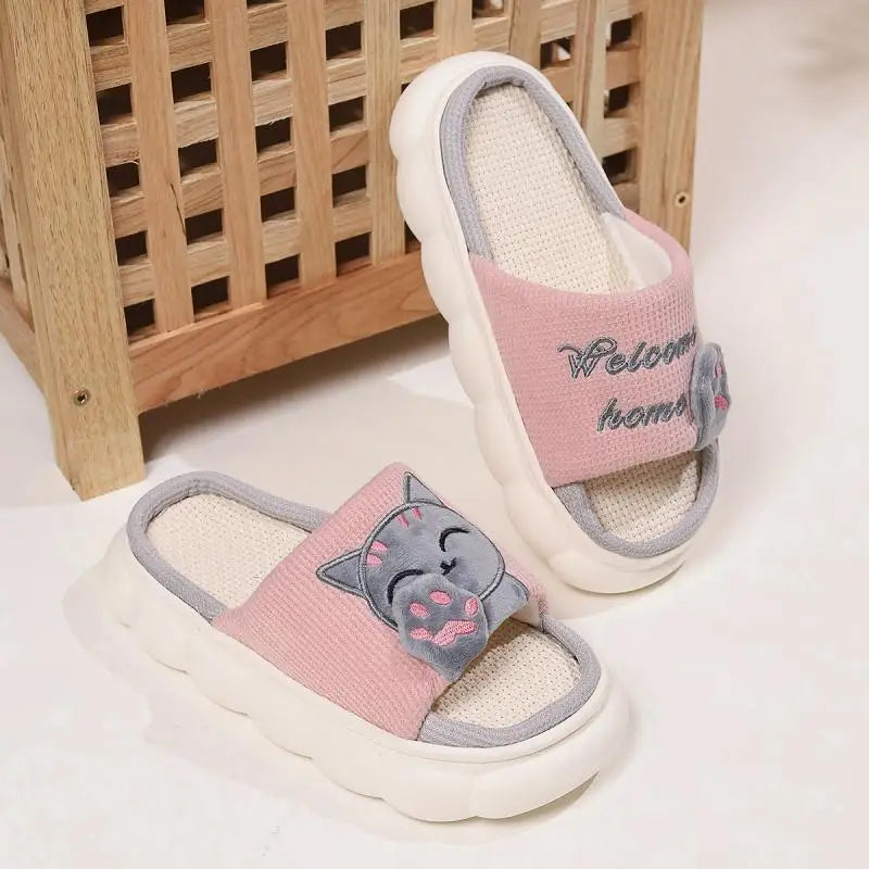 Linen Casual Slippers Women House Platform Cute Cartoon Cat Designer Shoes Girls Flat Fashion Elegant Footwear Indoor Large Size