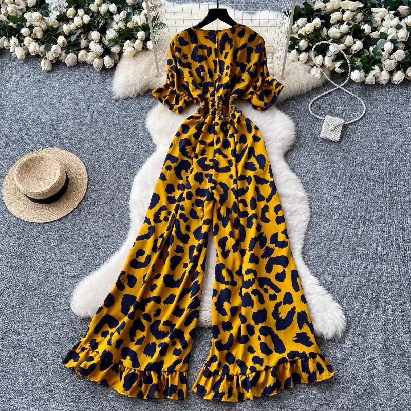 Summer Women's jumpsuit fashion leopard print outfit chic casual V-neck short sleeve elastic high waist slim wide leg jumpsuit