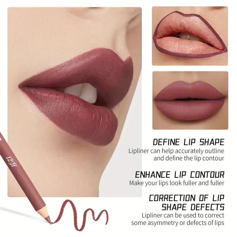 Waterproof 2Pcs Long-Lasting Matte Lip Makeup Set - Lip Liner & Glaze Combo with Pencil Texture, Red, Brown, Pink, Nude Tones